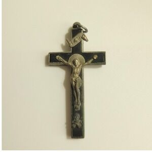 Vintage Ebony Wood Metal Crucifix Skull Memento Mori Pendant 1.75" Gothic